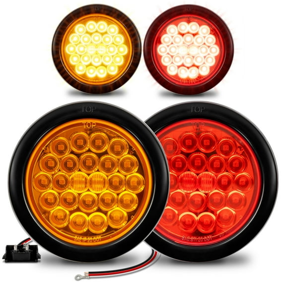 2 Red + 2 Amber 4" Round 24 LED Trailer Tail Light Kit [DOT Certified] [Grommets & Plugs Included] [IP67 Waterproof] Stop Brake Turn Signal Park Trailer Lights For RV Truck Jeep