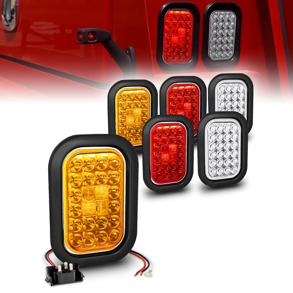 2 Red + 2 Amber + 2 White 5" x 3" LED Trailer Tail Light Kit [DOT FMVSS 108] [Grommets & Plugs] [Submersible] [Stop Turn Tail Reverse] [24 LED] Brake Lights for Tow Truck 80 Inch Wide Trailer