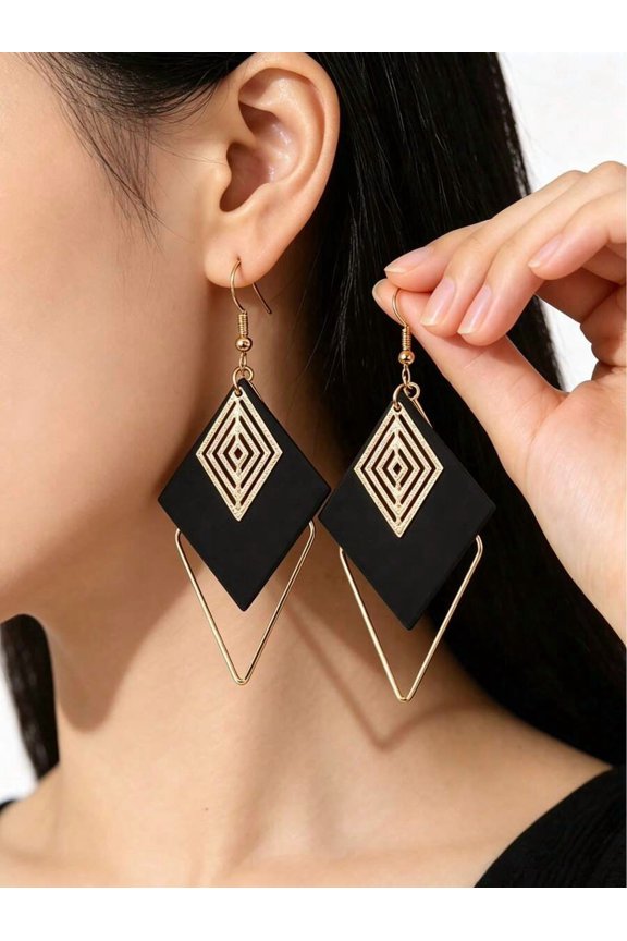 2 Red And Gold Geometric Dangle Earrings Hollow Diamond Shape With Goldtone Metal Frame, Statement Layerable Jewelry For Women