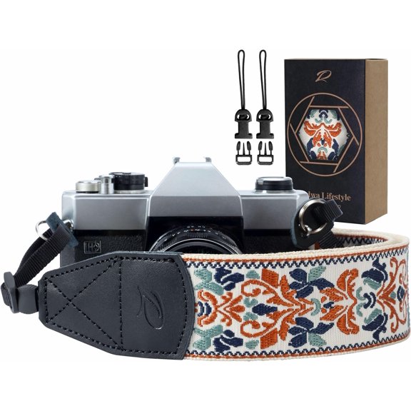 2" Retro Jacquard Embroidery Camera Strap, Adjustable, Wide DSLR/SLR Neck/Shoulder Strap with Genuine Leather Head (White Classic Flower)