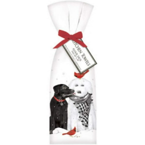 2 Ribbon Tied Snow Dog Flour Sack Towels