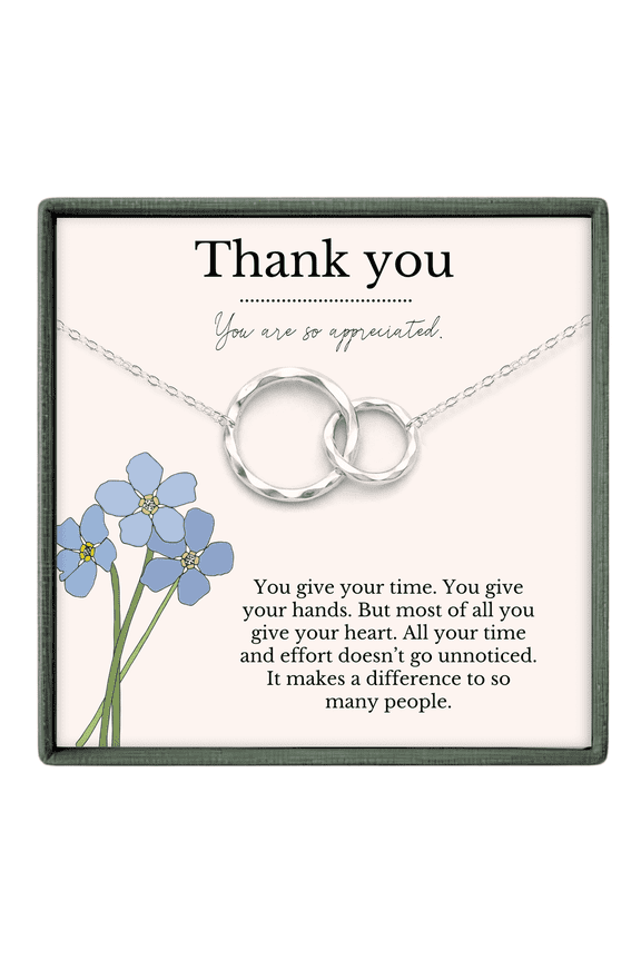 Thank You Necklace 2 Ring Sterling Silver – Appreciation Gift for Her, Volunteer, Teacher, Caregiver Jewelry