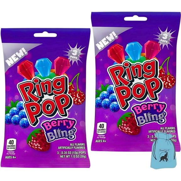 (2) Ring Pop Berry Bling, 1 oz Bag with 3 Candy Gem Pops, Wearable Lollipop Rings in Blue Raspberry Strawberry Cherry Flavors Fun Party Favors Bag Fillers Holiday Treats