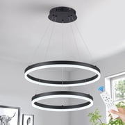 2-Rings Modern LED Chandelier Black for Dining Room, 19.69+15.7 Circular Chandelier Light Dimmable Pendant Light with Remote Control for Living Room Entrance Foyer, 3000K-6500K