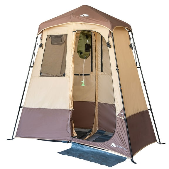 Ozark Trail 2-Room Shower & Utility Tent Combo Includes 5-Gallon Water Container, Easy Setup, Maximum Occupancy Is 2. Khaki Colour.