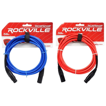 2 Rockville 10' Female to Male REAN XLR Mic Cable 100% Copper (Red and Blue)