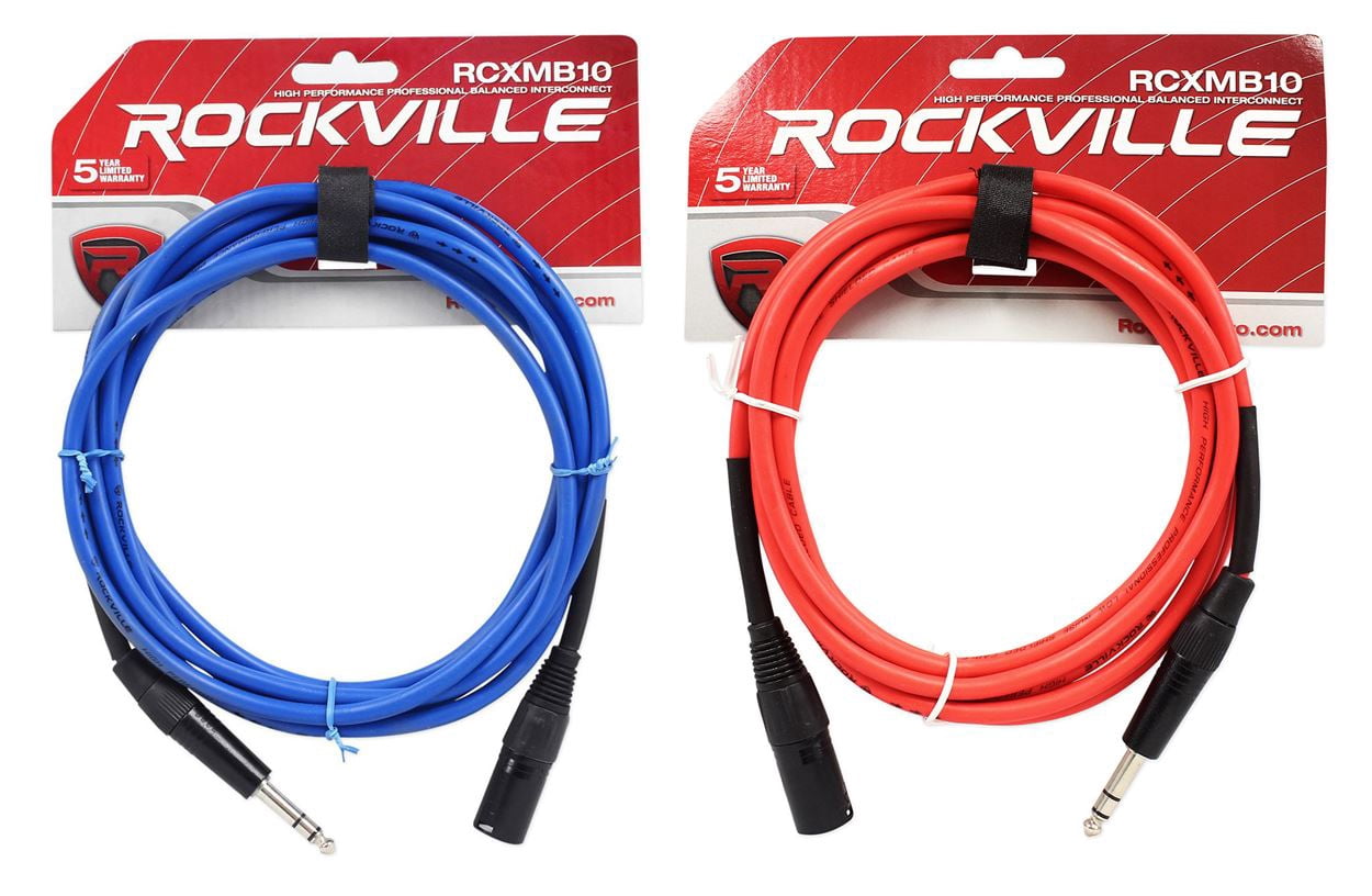 2 Rockville 10' Male REAN XLR to 1/4'' TRS Balanced Cable (Red and Blue)