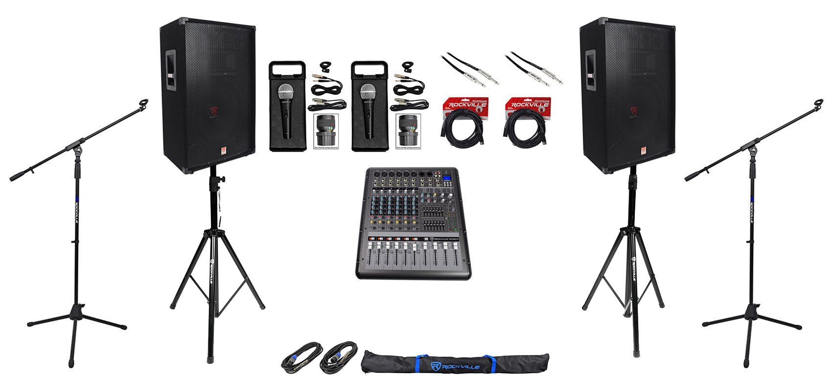(2) Rockville 15” Speakers+Mixer+Mics+Stands+Cables For Church Sound