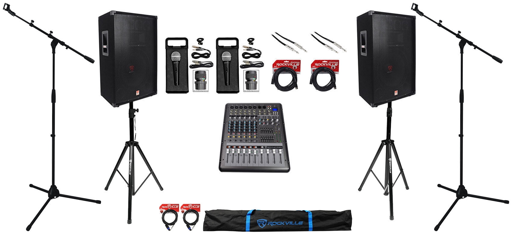 (2) Rockville 15 Speakers+Mixer+Mics+Stands+Cables For Church Sound Systems
