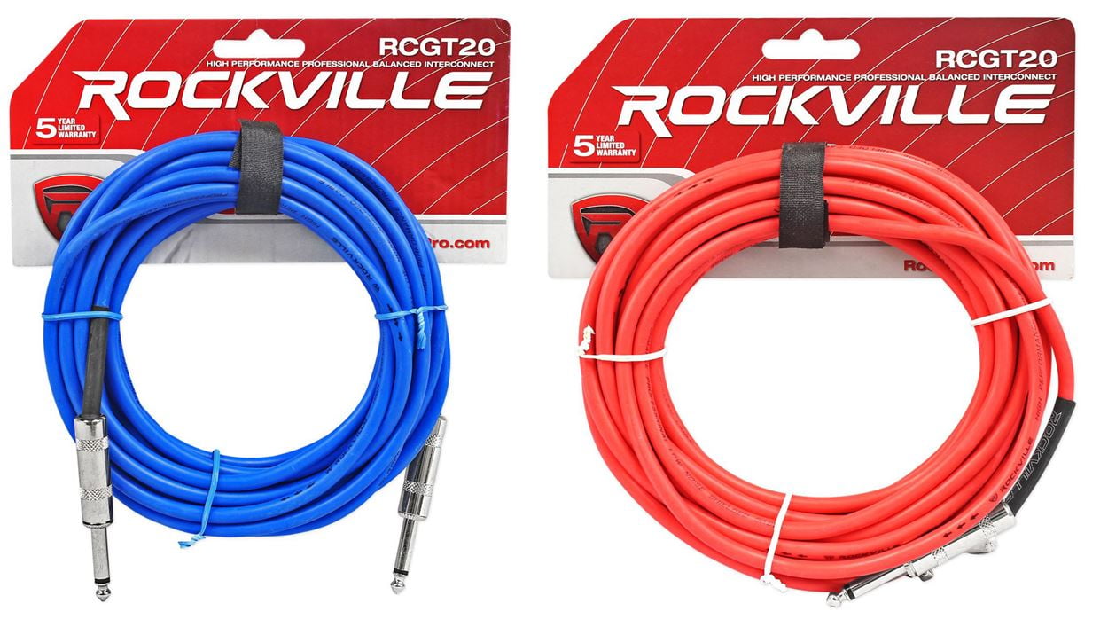 4 Rockville 20'  1/4" TS to 1/4'' TS Guitar/Instrument Cable (2 Red and 2 Blue)