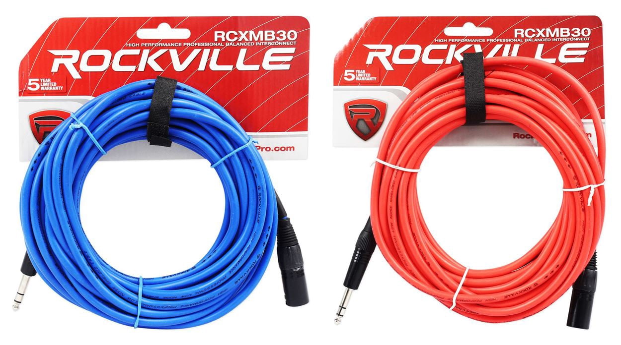 2 Rockville 30' Male REAN XLR to 1/4'' TRS Balanced Cable (Red and Blue)