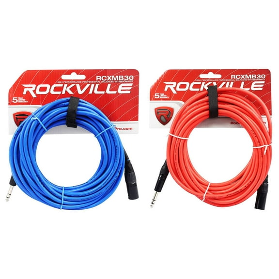 2 Rockville 30' Male REAN XLR to 1/4'' TRS Balanced Cable (Red and Blue)