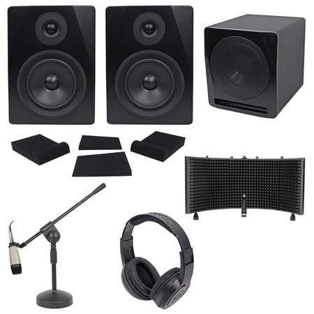 (2) Rockville 5.25" Active Studio Monitors +Sub+Mic+Headphones+Stand+Shield+Pads