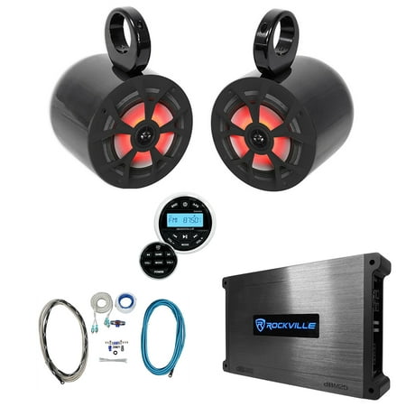 (2) Rockville 6.5" 700w Marine Wakeboard LED Speakers+Receiver+Amplifier+Amp Kit