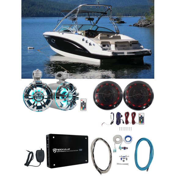 2) Rockville 6.5" LED Swivel Marine Wakeboard+Coaxial Speakers+Amplifier+Amp Kit