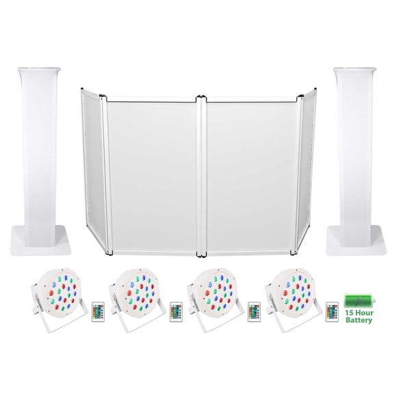 (2) Rockville 8 Ft. Totem Stands+DJ Facade+(4) Battery Powered Wash Up-Lights