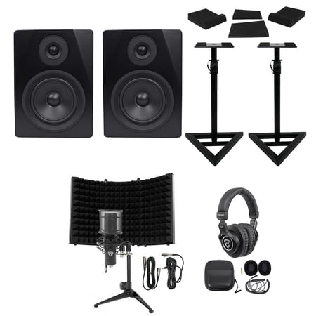 Rockville APM5B Bundle: 5.25" 2-Way 250-Watt Powered USB Studio Monitors, RVSM1 Pair of Monitor Stands, RRS190S Foam Isolation Pads, RCM PRO Studio/Recording Condenser Microphone, 4-items