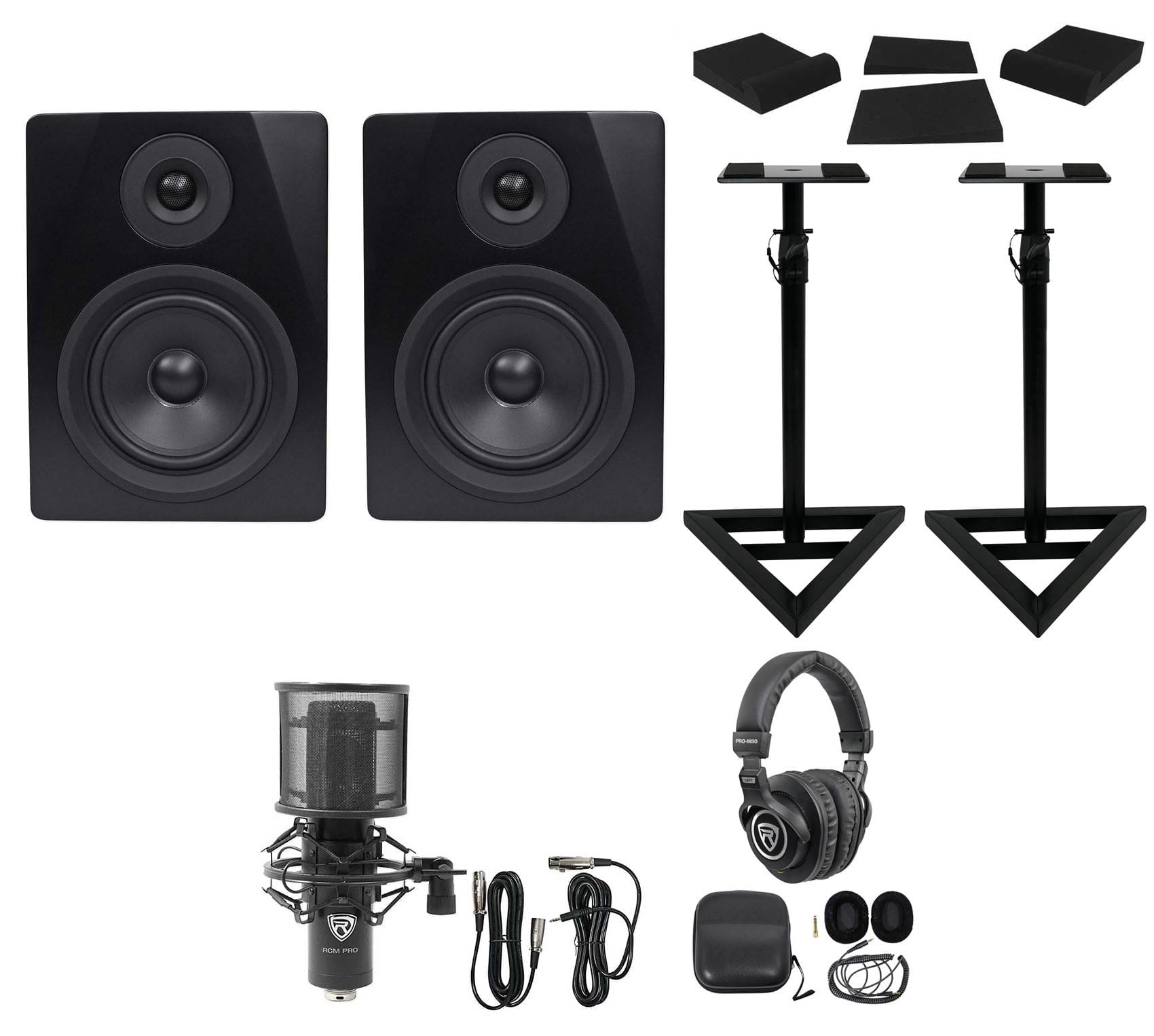 Rockville APM5B Bundle: 5.25" 2-Way 250-Watt Powered USB Studio Monitors, RVSM1 Pair of Monitor Stands, RRS190S Foam Isolation Pads, RCM PRO Studio/Recording Condenser Microphone, 4-items