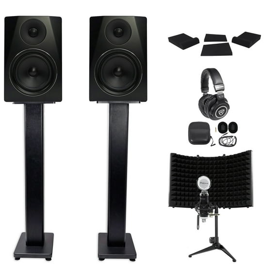 (2) Rockville APM6B 6.5" Studio Monitors+36" Stands+Pads+Headphones+Mic+Shield