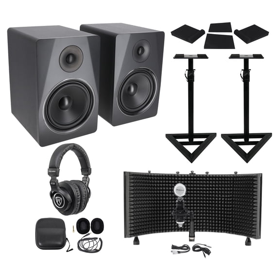 Rockville APM8B Bundle: 8" 2-Way 500-Watt Powered USB Studio Monitors, RVSM1 Pair of Monitor Stands, RRS263M Studio Monitor Isolation Pads, PRO-M50, RCM03, ROCKSHIELD, 6-items