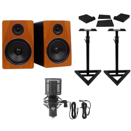 Rockville APM8C Bundle: 8" 2-Way 500-Watt Powered USB Studio Monitors, RVSM1 Pair of Monitor Stands, RRS190S Foam Studio Monitor Isolation Pads, RCM PRO Studio/Recording Condenser Microphone, 4-items