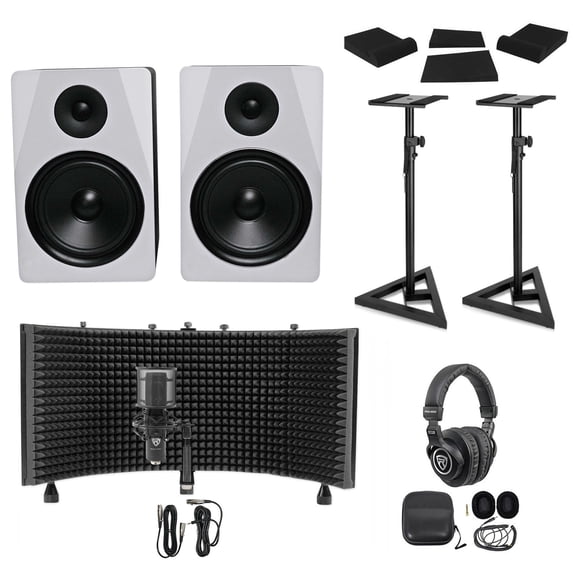 Rockville APM8W Bundle: 8 Inch Studio Monitors, RVSM1 Stands, RRS190S Pads, PRO-M50, Mic Shield, Studio Kit Pro, 6-items