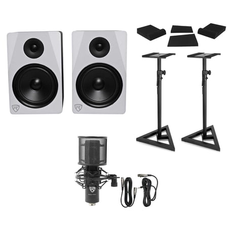 Rockville APM8W Bundle: 8 Inch Studio Monitors, RVSM1 Stands, RRS190S Pads, RCM PRO Mic, Audio Setup Kit Pro Pack, 4-items