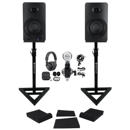 (2) Rockville ASM4 4" Studio Monitors Speakers w/Bluetooth+Mic+Headphones+Stands