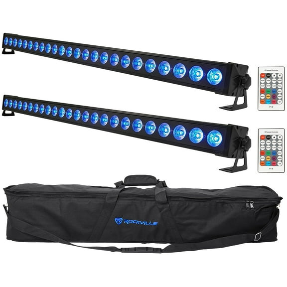 2) Rockville BATTERY STRIP 24 Rechargeable RGBW DMX DJ Wash Light Bars+Carry Bag