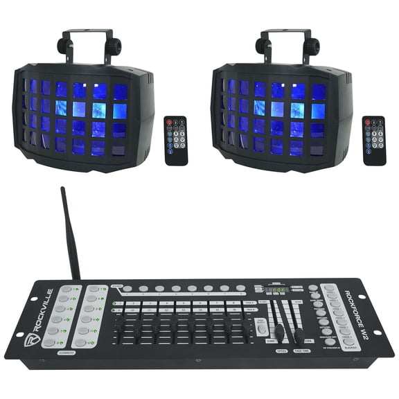 (2) Rockville BD20 Battery Powered Wireless DMX DJ Party Derby Lights+Controller