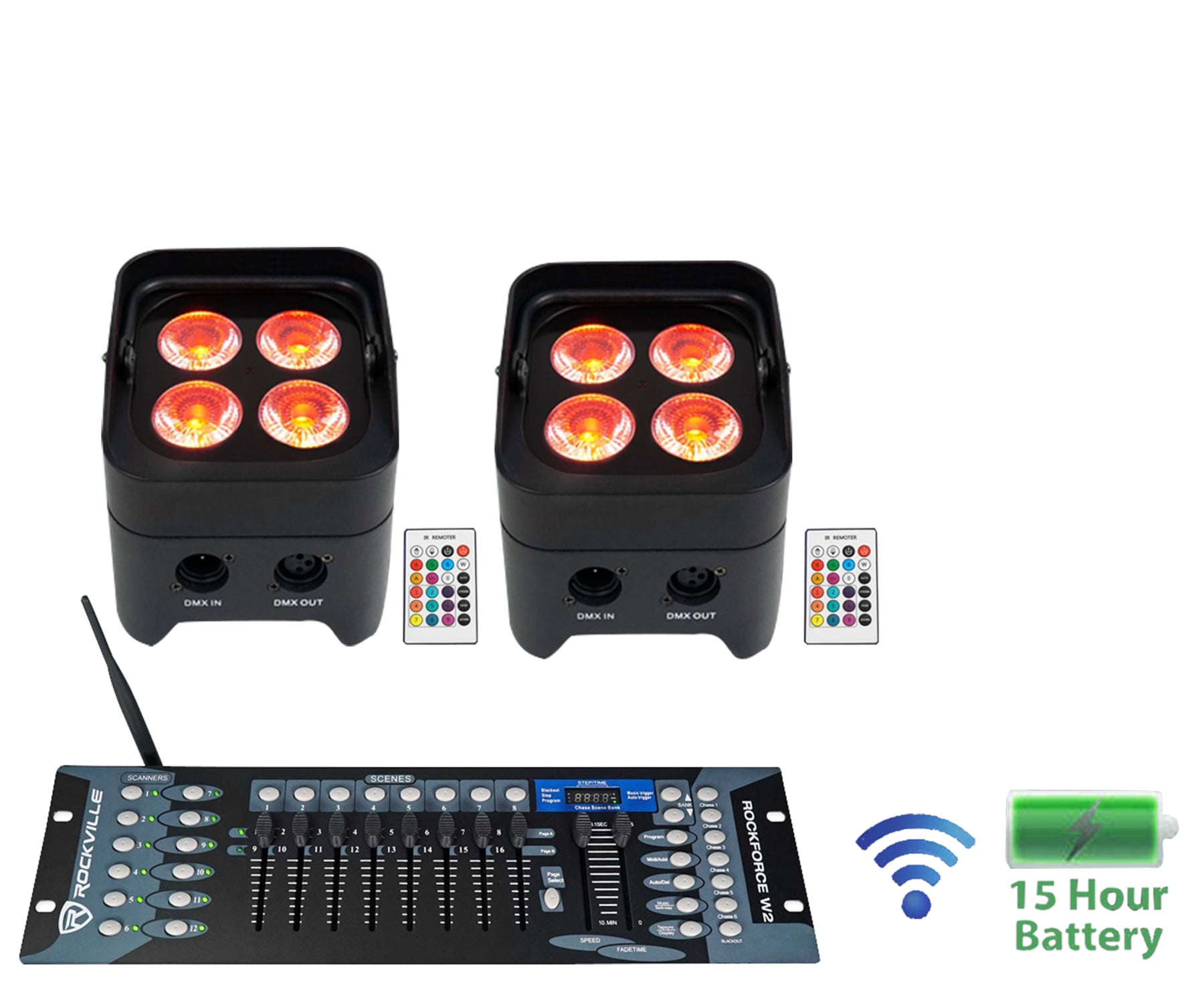 2 Rockville BEST PAR 50 Battery Par Wash Lights Wireless DMX+Controller