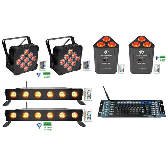 2 Rockville BEST PAR+BEST STRIP+ROCKWEDGE Wireless DMX Battery Lights+Controller