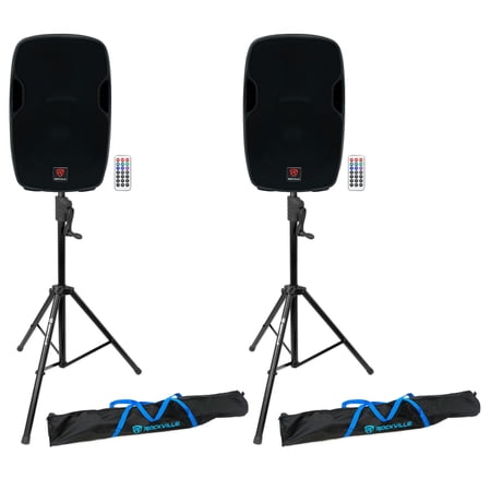 (2) Rockville BPA15 15" Powered 800 Watt DJ PA Speakers+Crank-Up Speaker Stands