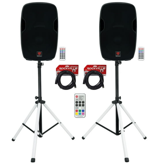 (2) Rockville BPA15 15" Powered 800w DJ PA Speakers wBluetooth+LED Stands+Cables