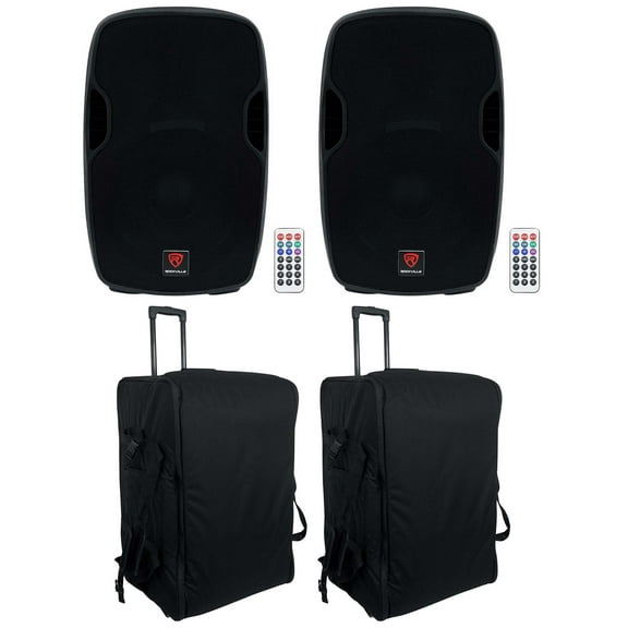 2) Rockville BPA15 15" Powered Bluetooth 800w DJ PA Speakers+Rolling Travel Bags