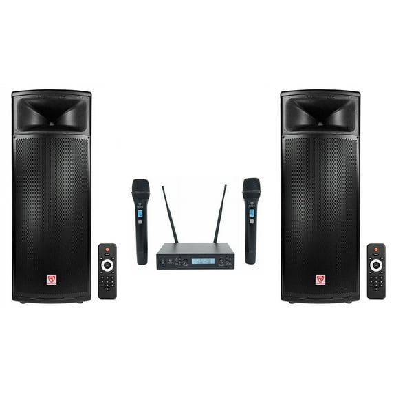 2 Rockville BPA225 Dual 15" Powered 1500w Bluetooth DJ PA Speakers+Wireless Mics