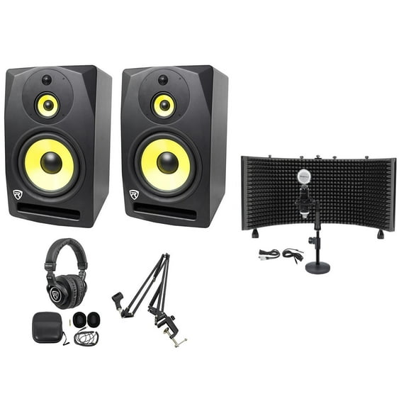 (2) Rockville DPM10B 10" 800w Active Studio Monitors+Headphones+Mic+Shield+Stand