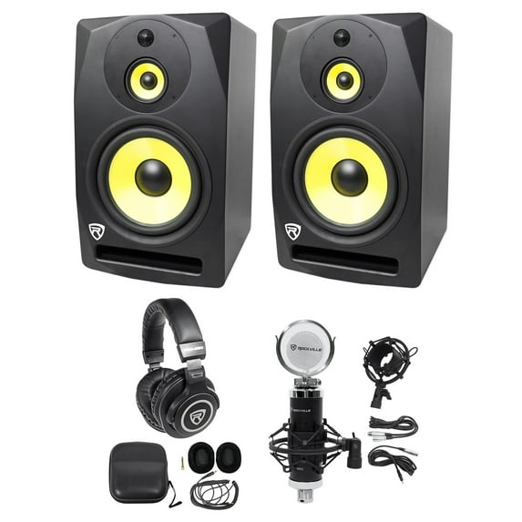 (2) Rockville DPM10B 10" 800w Powered 3-Way Studio Monitors+Headphones+Mic+Mount