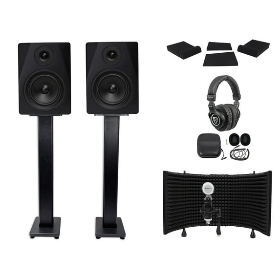 2 Rockville DPM5B 5.25" 300w Studio Monitors+36" Stands+Headphones+Mic+Shield