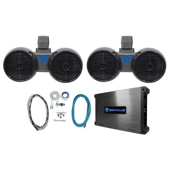 2) Rockville DWB65B Dual 6.5" Black 600w Marine Wakeboard Tower Speakers+Amp+Kit