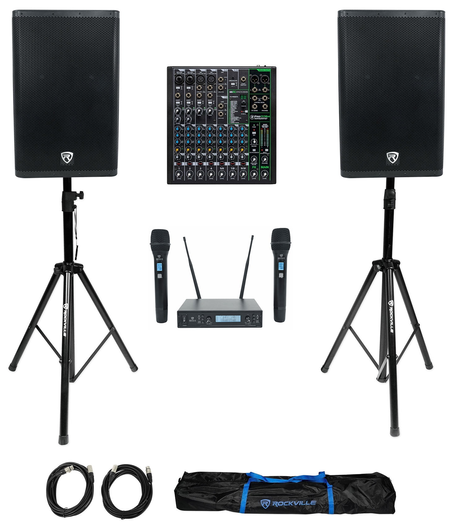 (2) Rockville DX15 15" Powered DJ PA Speakers + Mackie Mixer + (2) Wireless Mics