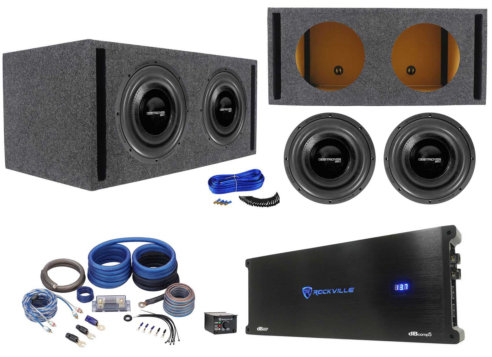 (2) Rockville Destroyer 12D1 12" Competition Car Subwoofers+Box+Mono