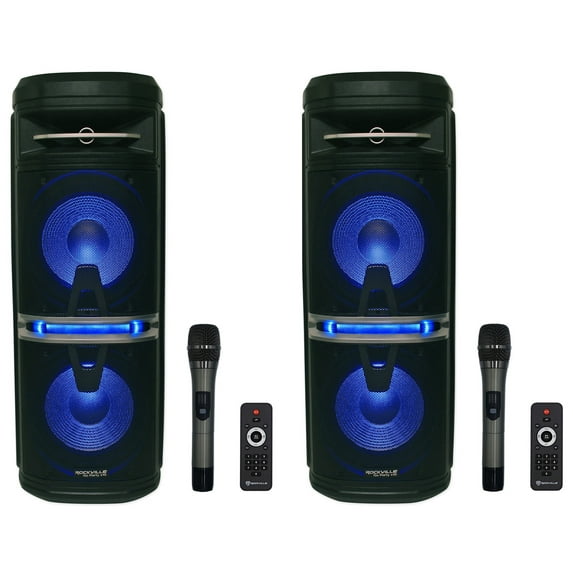 2 Rockville Go Party X10 Dual 10" Wireless Linking Bluetooth Party Speakers+Mics