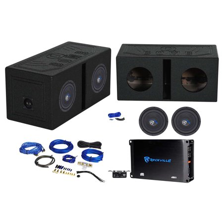 Rockville K5 W8K5S4 Bundle: (2) 8" 800W 4 Ohm Car Subwoofers 200W RMS each, dB11 Amp, RWK81 8 Gauge Amp Kit, RQB8 Sub Box, Install Kit, 6-Items