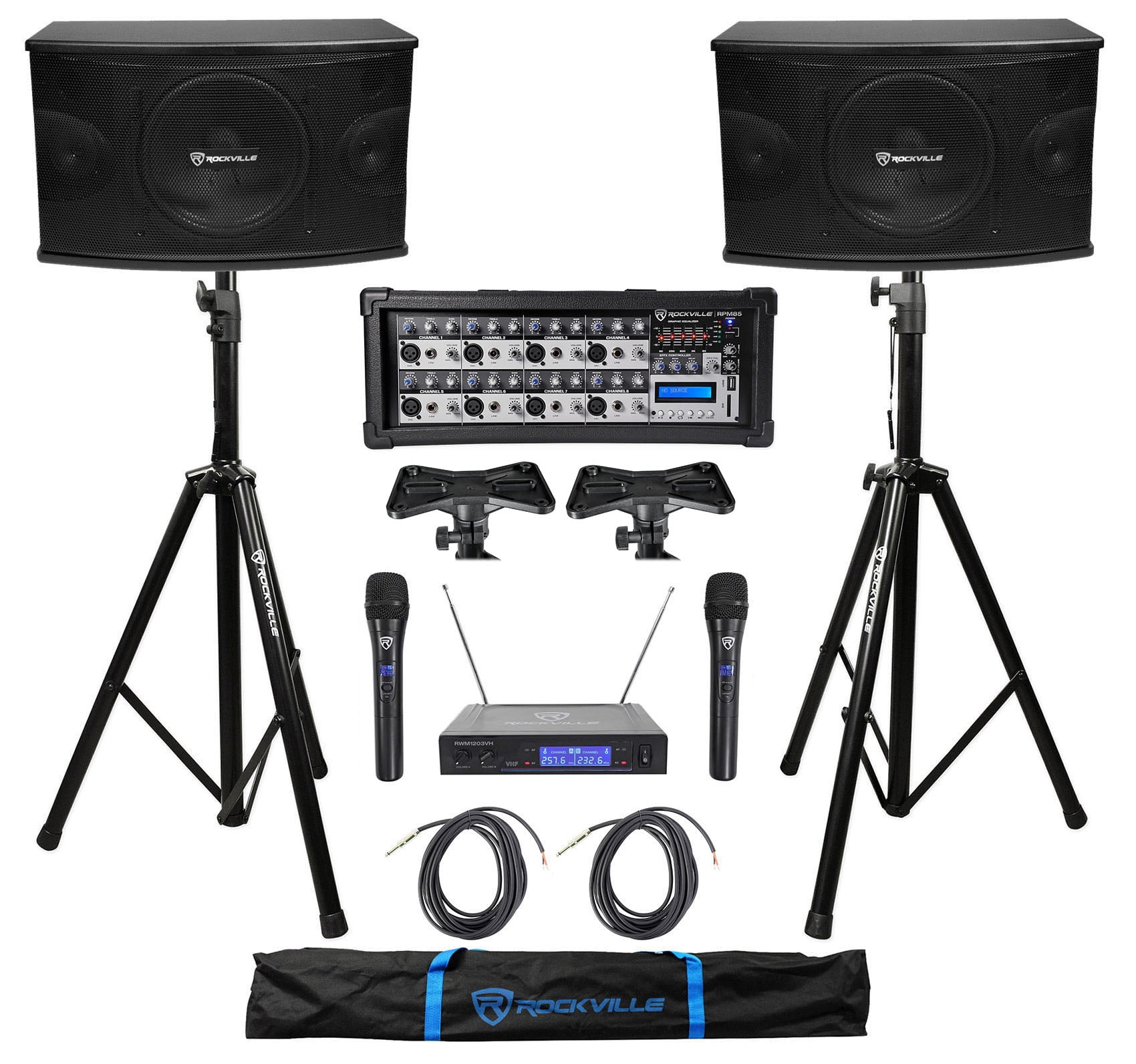 2) Rockville KPS10 10" 1200w Karaoke Speakers+Mixer+Tripod Stands+Wireless Mics