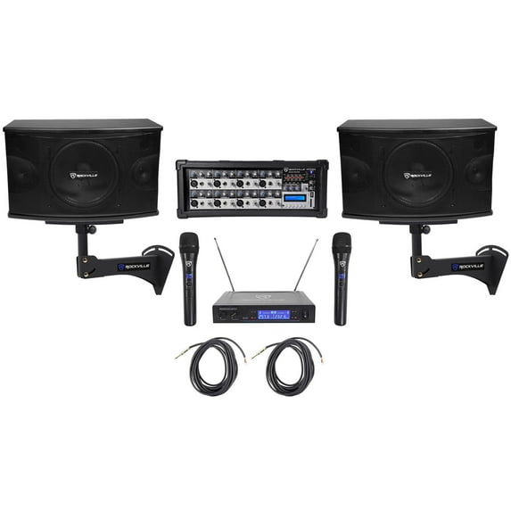(2) Rockville KPS10 10" 1200w Karaoke Speakers+Mixer+Wall Brackets+Wireless Mics