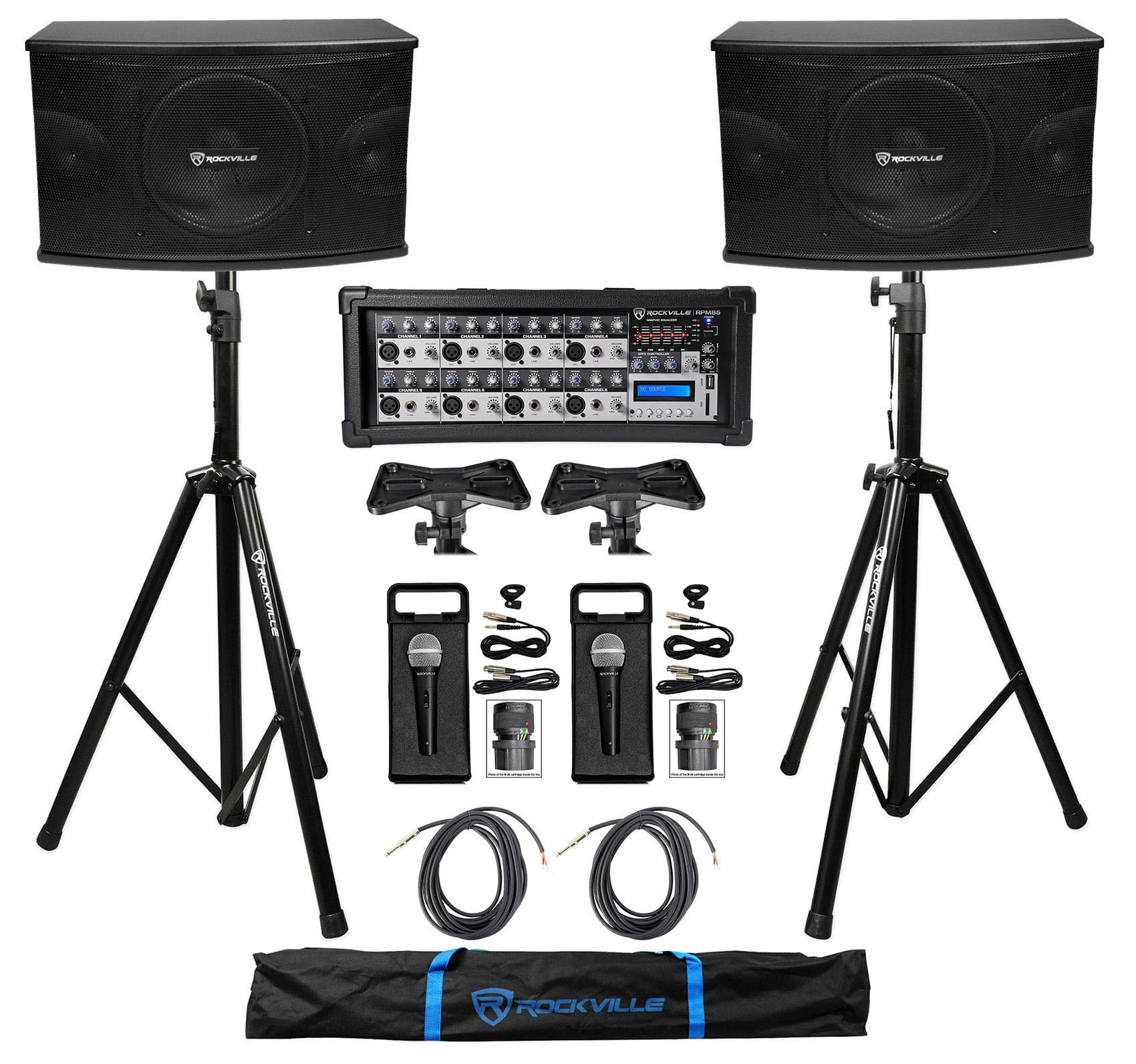 2) Rockville KPS10 10" 3Way 1200w Karaoke Speakers+Mixer+Tripod