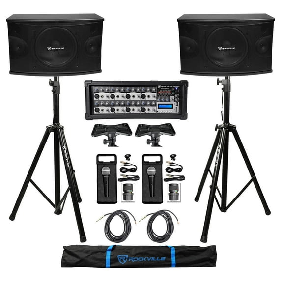 2) Rockville KPS10 10" 3-Way 1200w Karaoke Speakers+Mixer+Tripod Stands+(2) Mics