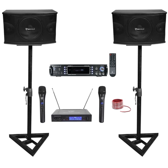 2 Rockville KPS10 Karaoke Speakers+Bluetooth Amp+Adjustable Stands+Wireless Mics + Rockville R14GSBR100 Red/Blk 14 Gauge 100' Ft. Mini Spool Car Audio Speaker Wire