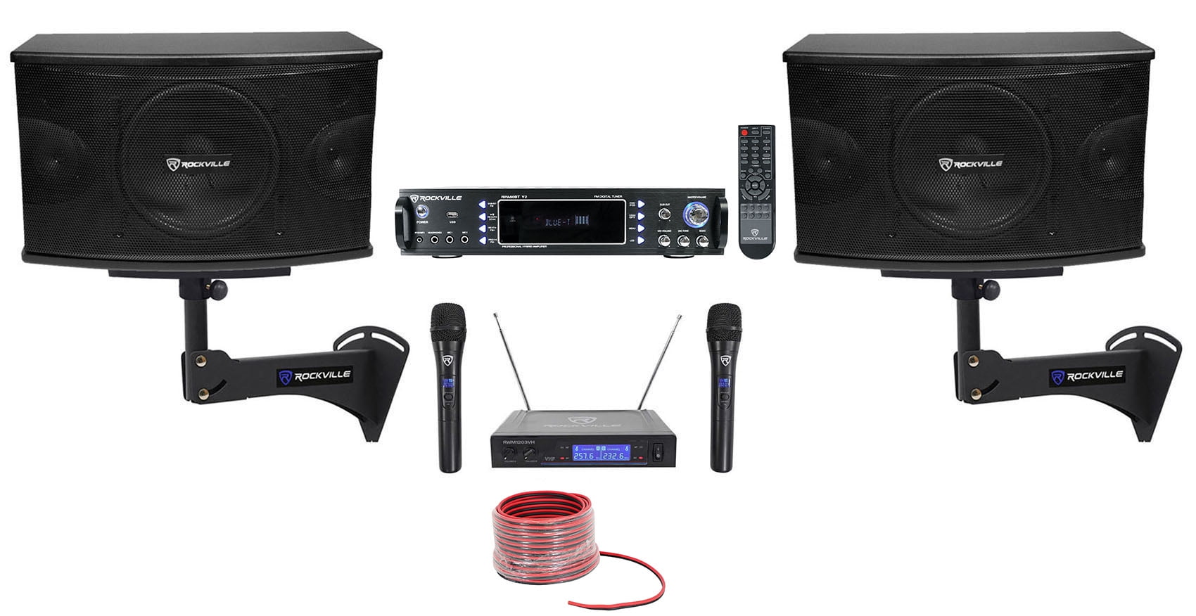 (2) Rockville KPS10 Karaoke Speakers+Bluetooth Amp+Wall Brackets+2